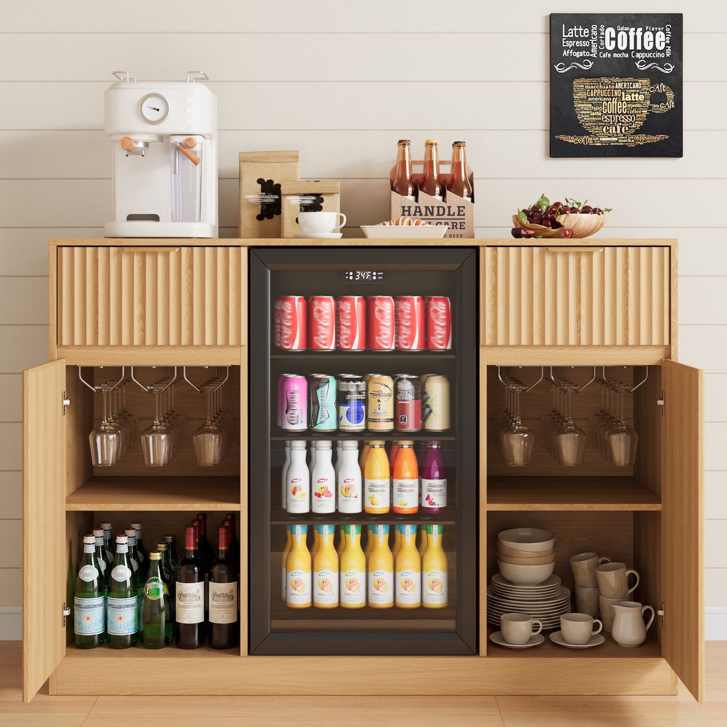 ASTUVIA Mini Fridge Cabinet with Power Outlet,Fluted Coffee Bar Cabinet with Mini Fridge Space,Buffet Sideboard with Drawers,Natural