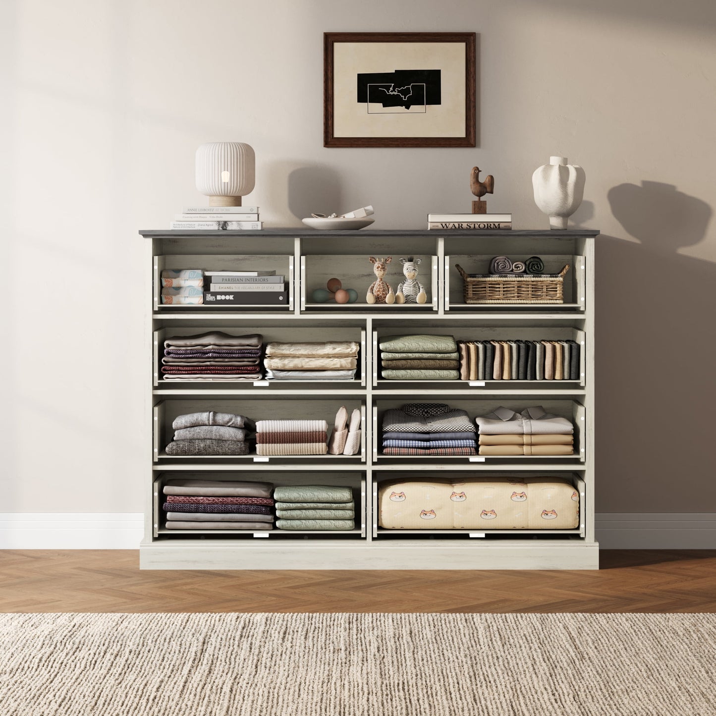 YouTrend Rustic 9-Drawer Wood Dresser, Large Storage Chest Organizer with Metal Handles for Bedroom, Living Room, Farmhouse Style Furniture,Gray