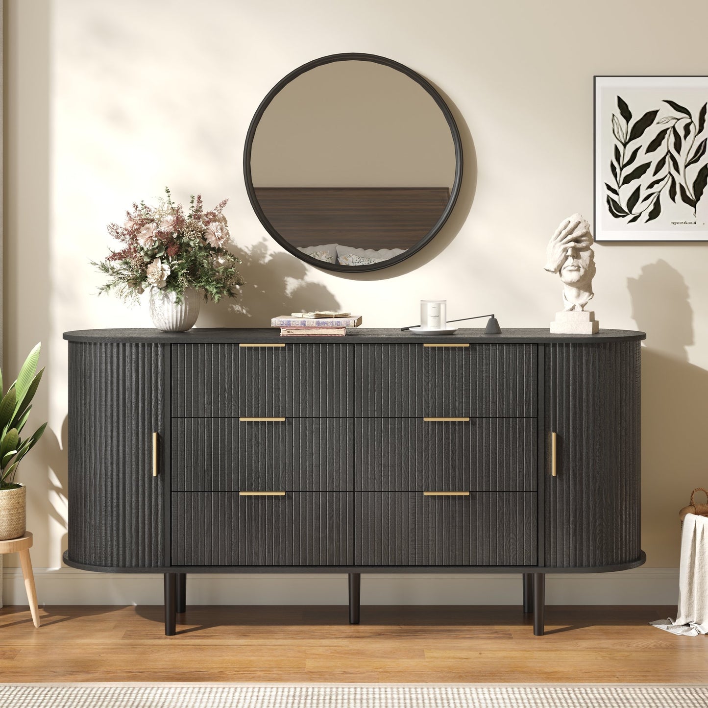 ASTUVIA Fluted 6 Drawers Dresser, 63'' Wide Modern Chest of Drawers with Sideboard,Curved Profile & Sturdy Legs, Dresser TV Stand for Bedroom, Living Room