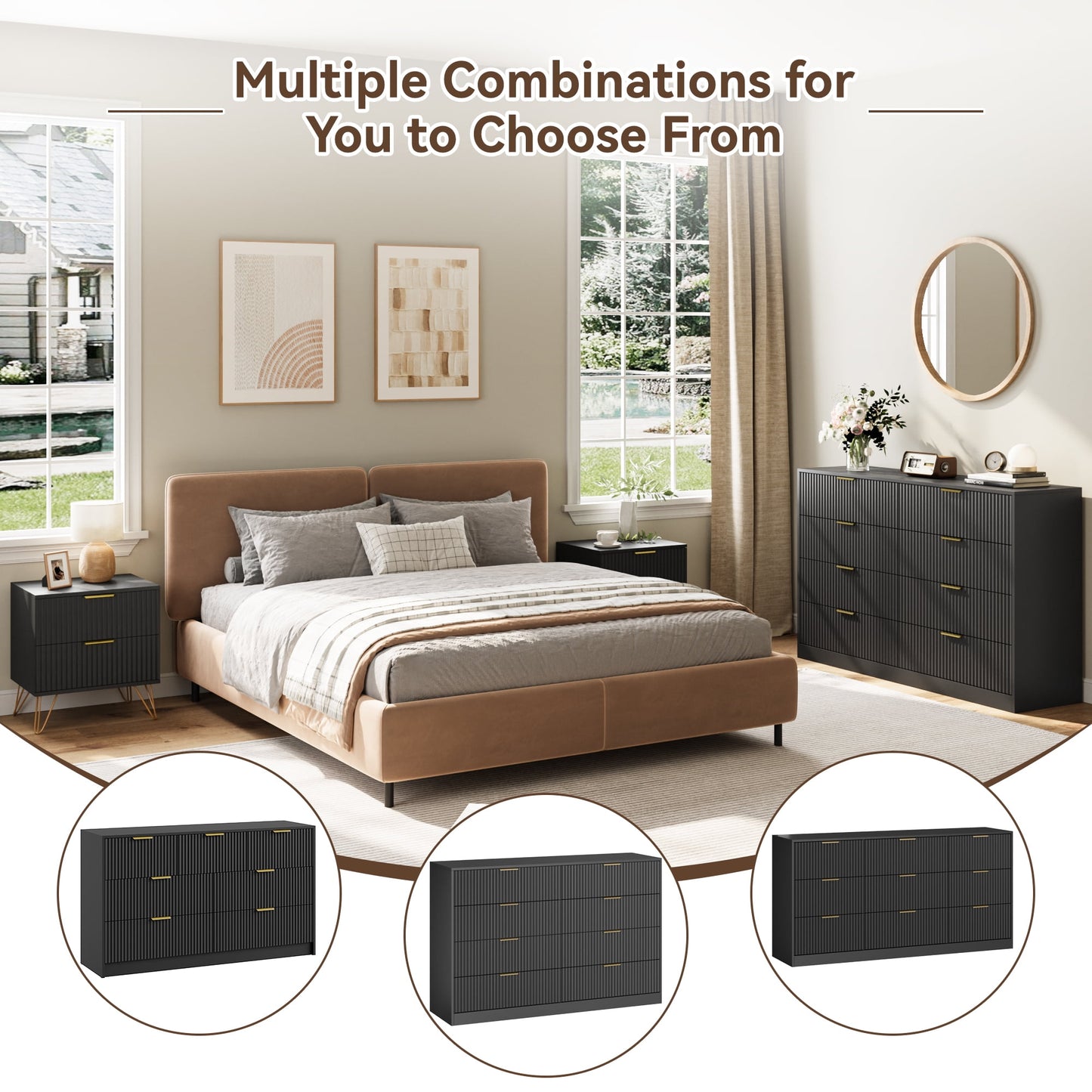 YouTrend 7 Drawer Dresser and Nightstand Sets for Bedroom,3 Piece Bedroom Dresser Set,Fluted Dressers and Nightstands, Modern Bedroom Set