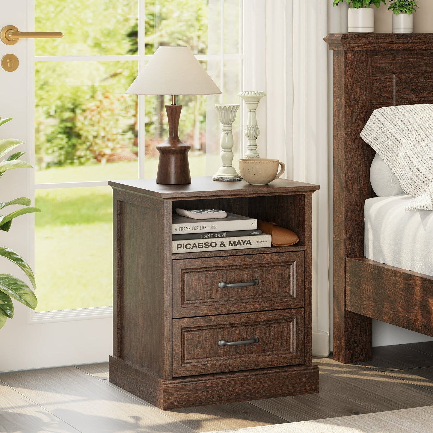 YouTrend Farmhouse Nightstand with 2 Drawers & Open Shelf End Table Bedside Tables for Bedroom Living Room,White