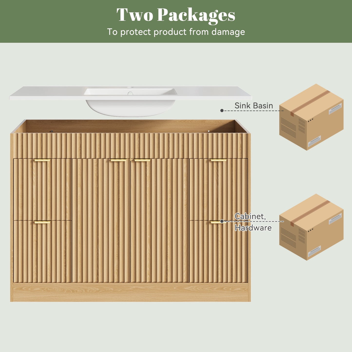 ASTUVIA 60" Fluted Bathroom Vanity Cabinet with 2 Drawers,Bathroom Vanity with Sink and 4 Soft-Close Doors,Floating Bathroom Sink Cabinet,Brown