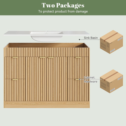 ASTUVIA 60" Fluted Bathroom Vanity Cabinet with 2 Drawers,Bathroom Vanity with Sink and 4 Soft-Close Doors,Floating Bathroom Sink Cabinet,Brown