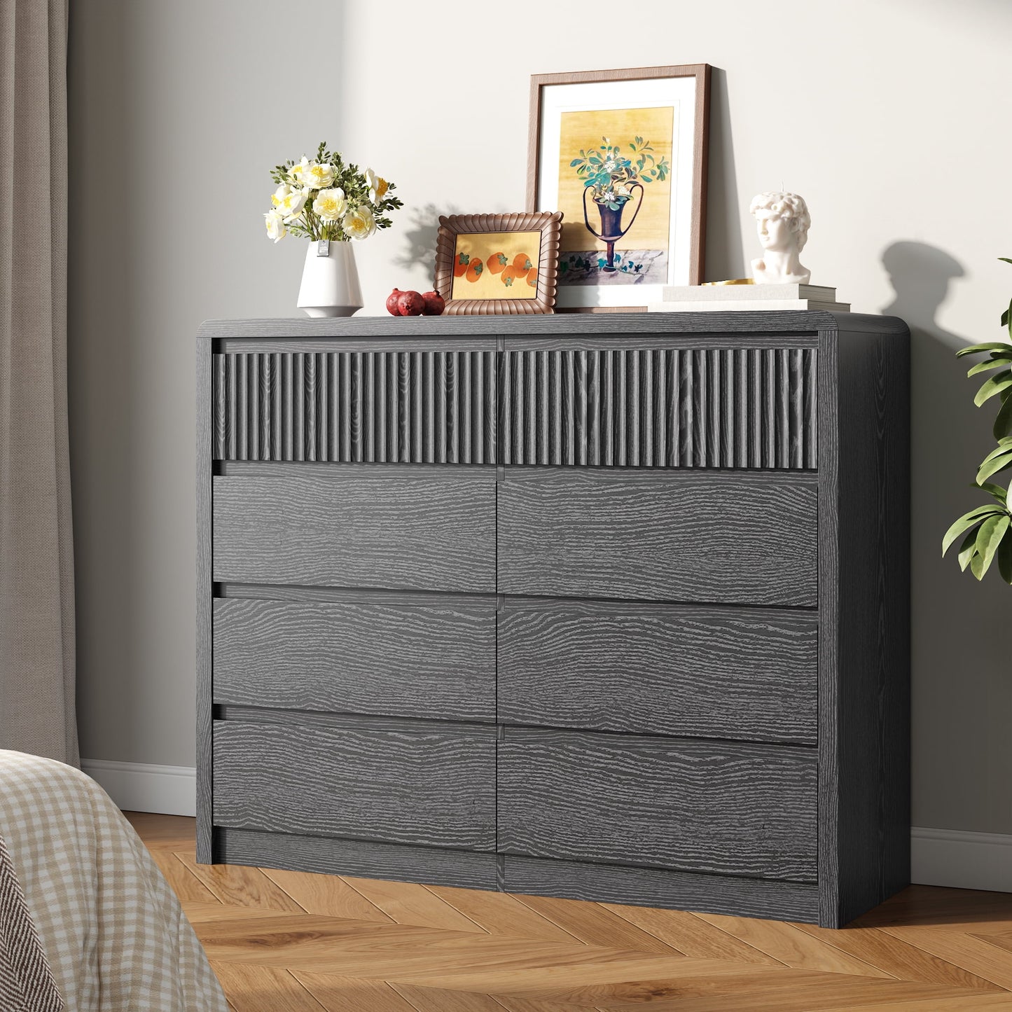 ASTUVIA 9 Fluted Drawers Dresser for Bedroom, 49.2" W Modern Chest of Drawers with Curved Profile Design, Mid Century Storage Dressers Organizer,Brown