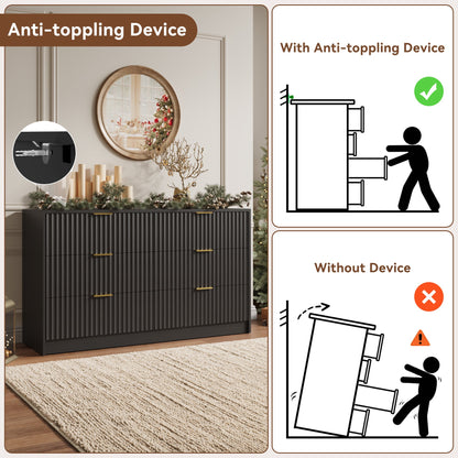 YouTrend 6 Drawer Dresser for Bedroom,55.1"Width Fluted Wood Chest of Drawer with Golden Embedded Handles for Living Room,Black