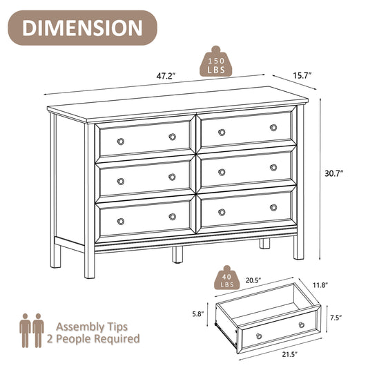 Dresser with 6 Drawer for Bedroom,Traditional Adult Chest of Drawers with Golden Handles for Living Room,Hallway,Nursery