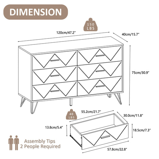 6 Drawer Dresser Double Dresser Storage Cabinet with W Pattern for Living Room, Hallway, Nursery