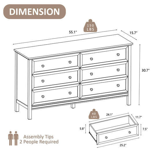 Dresser with 6 Large Drawer for Bedroom,Traditional Adult Chest of Drawers with Golden Handles for Living Room,Hallway,Nursery