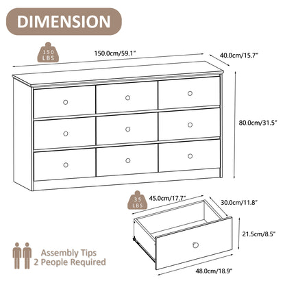 9 Drawer Dresser for Bedroom, Wood Dresser with Metal Handles for Living Room, Entryway, Hallway