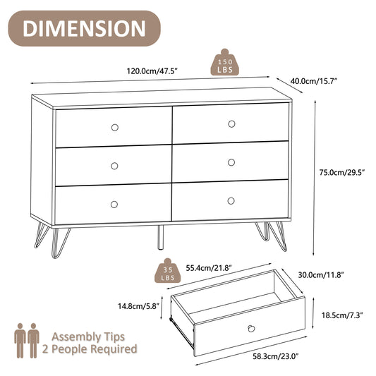 6 Drawer Dresser,Adult Chest of Drawers with Golden Handles & Legs for Bedroom,Living Room,Hallway,Nursery