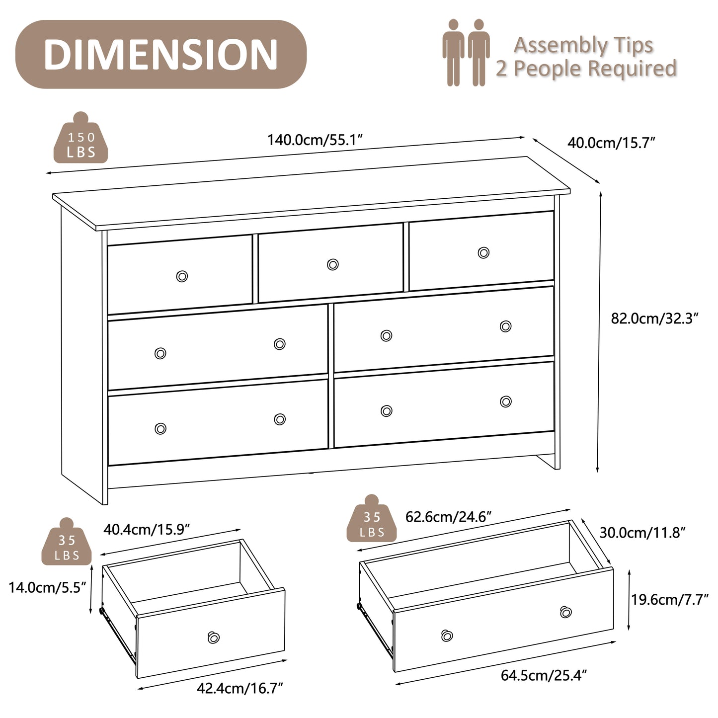 7 Drawer Dresser, Modern Chests of Drawers Wood Adult Storage Cabinet for Bedroom Living Room Hallway Entryway