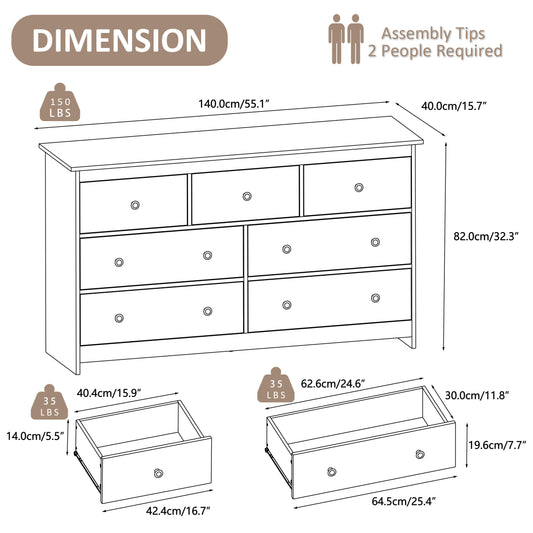 7 Drawer Dresser, Modern Chests of Drawers Wood Adult Storage Cabinet for Bedroom Living Room Hallway Entryway