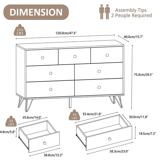 7 Drawer Dresser,Adult Chest of Drawers with Golden Handles & Legs for Bedroom,Living Room,Hallway,Nursery
