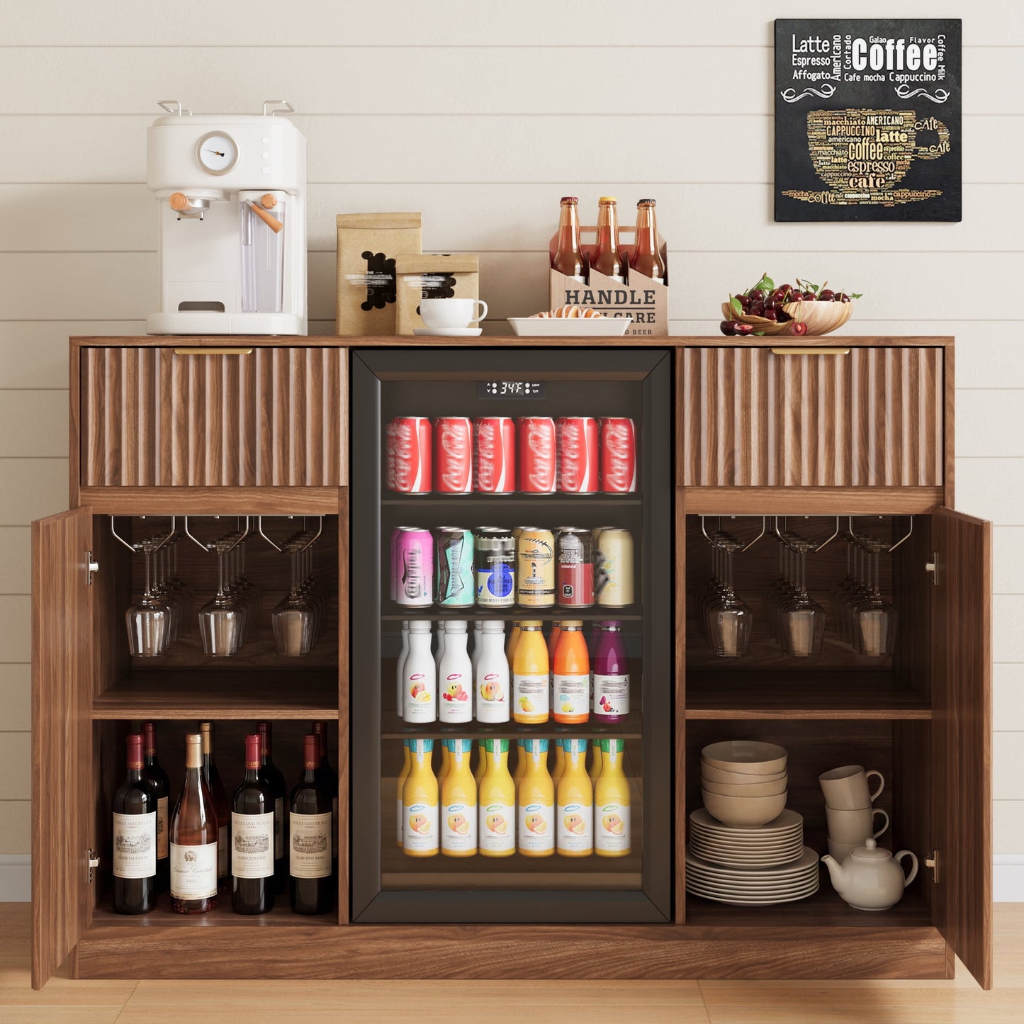 ASTUVIA Mini Fridge Cabinet with Power Outlet,Fluted Coffee Bar Cabinet with Mini Fridge Space,Buffet Sideboard with Drawers,Natural