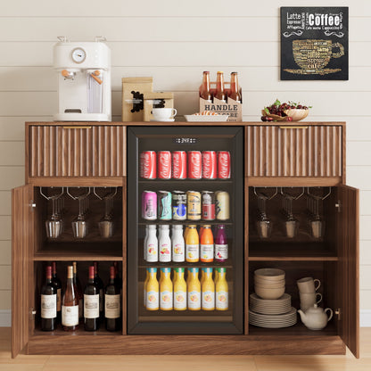 ASTUVIA Mini Fridge Cabinet with Power Outlet,Fluted Coffee Bar Cabinet with Mini Fridge Space,Buffet Sideboard with Drawers,Natural