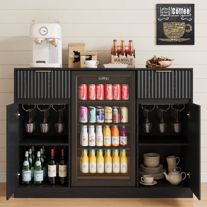 ASTUVIA Mini Fridge Cabinet with Power Outlet,Fluted Coffee Bar Cabinet with Mini Fridge Space,Buffet Sideboard with Drawers,Natural
