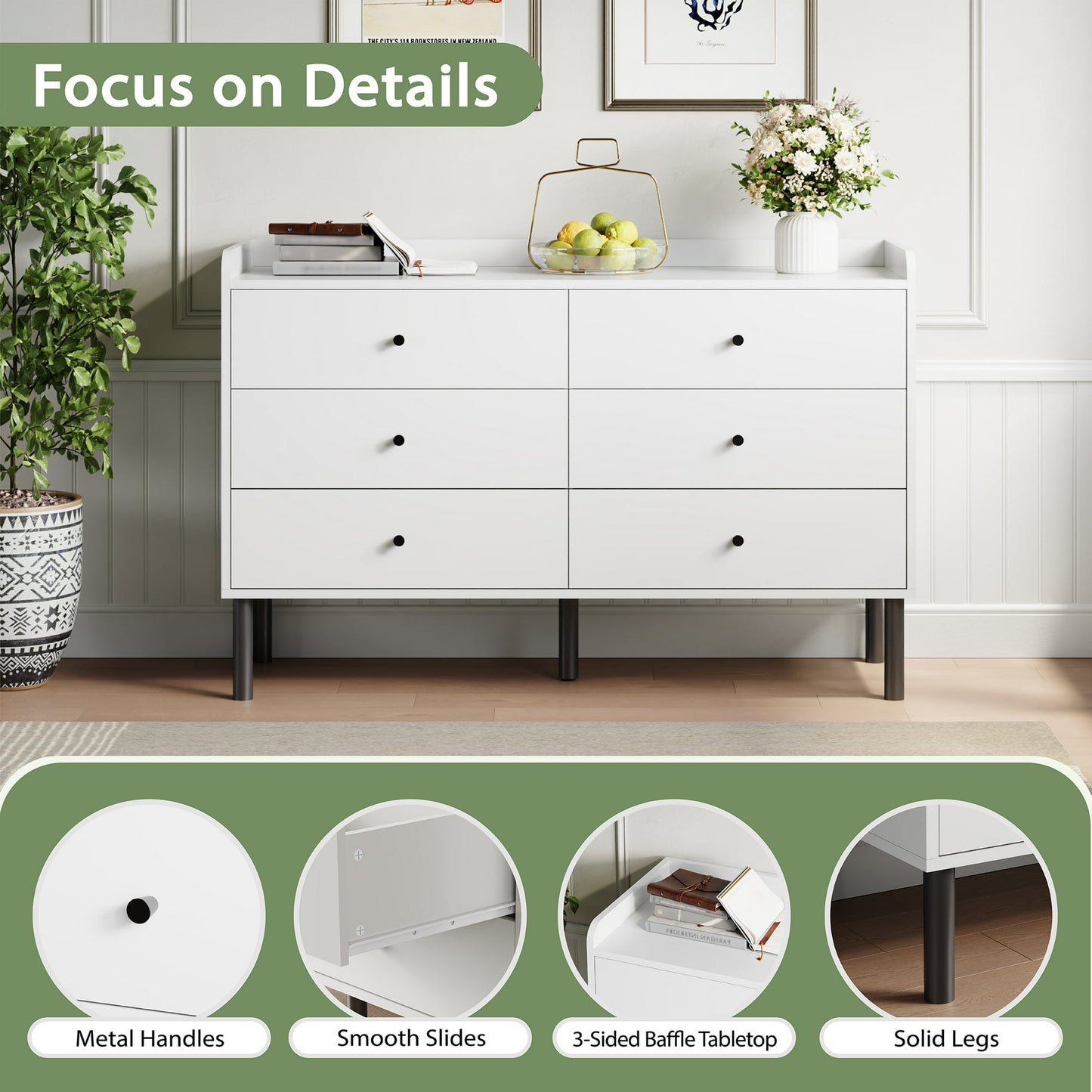 YouTrend 6 Drawer Wood Dresser Modern Storage Cabinet Sideboard Adult for Bedroom Living Room Hallway Home,White