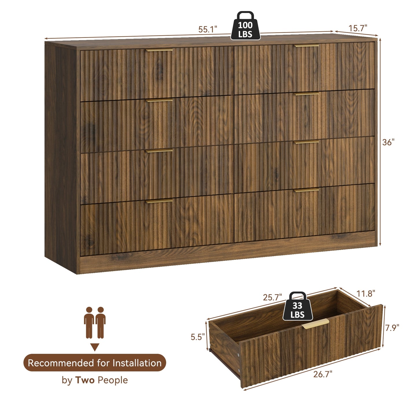 8 Drawer Dresser with for Bedroom,Modern Fluted Wood Chest of Drawer with Golden Embedded Handles for Living Room,Hallway