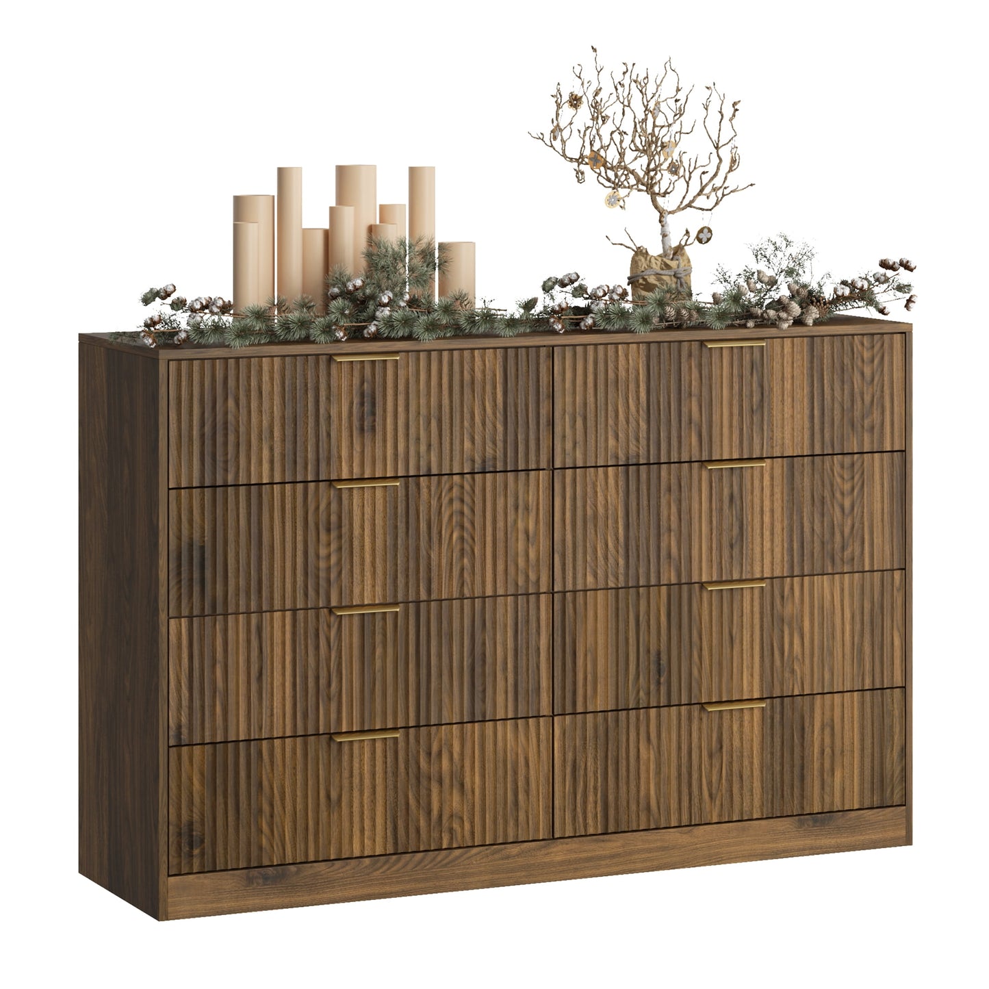 8 Drawer Dresser with for Bedroom,Modern Fluted Wood Chest of Drawer with Golden Embedded Handles for Living Room,Hallway