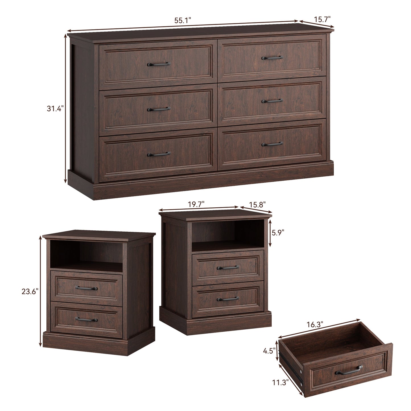YouTrend 7 Drawer Dresser and Nightstand Sets for Bedroom,3 Piece Bedroom Dresser Set,Fluted Dressers and Nightstands, Modern Bedroom Set