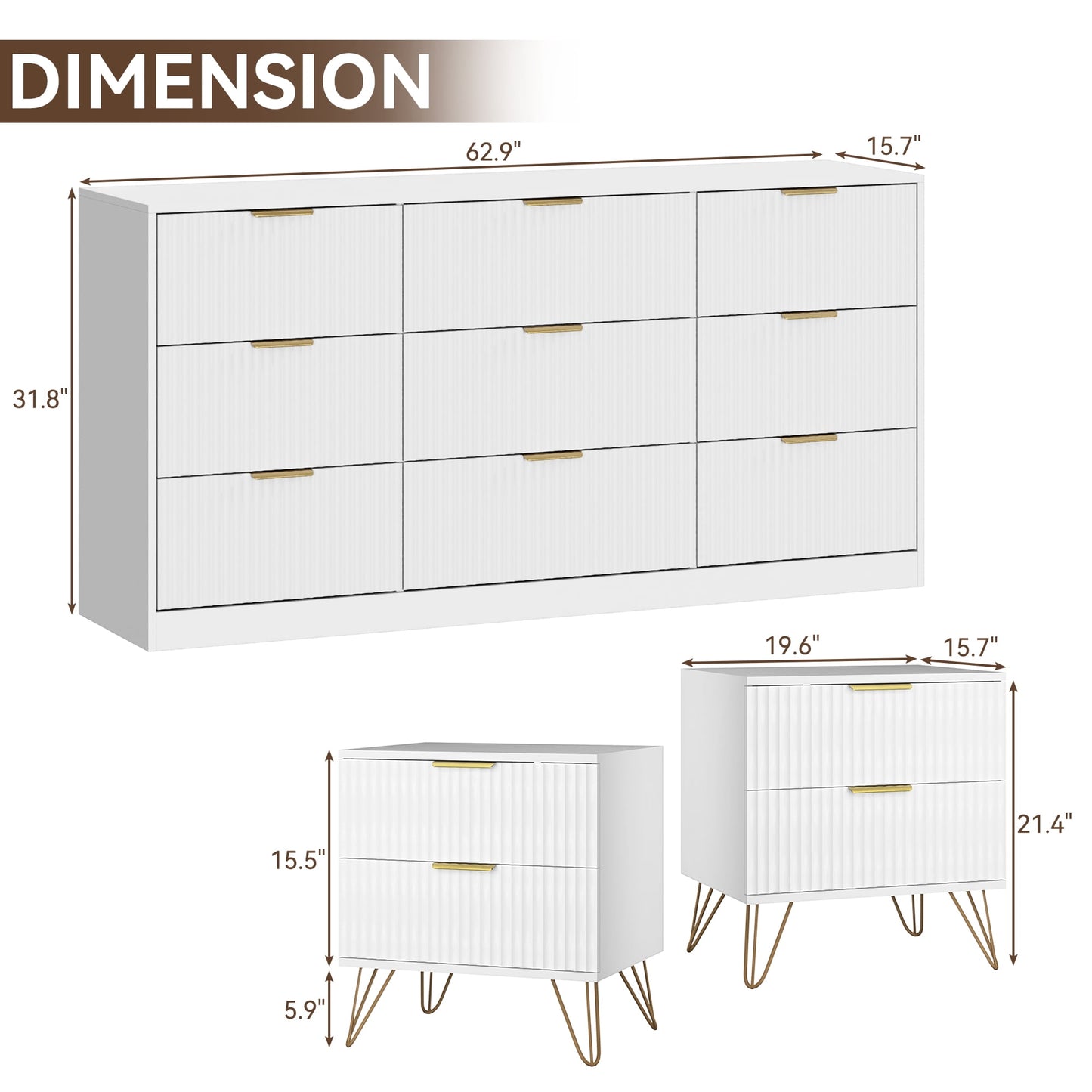 YouTrend 7 Drawer Dresser and Nightstand Sets for Bedroom,3 Piece Bedroom Dresser Set,Fluted Dressers and Nightstands, Modern Bedroom Set