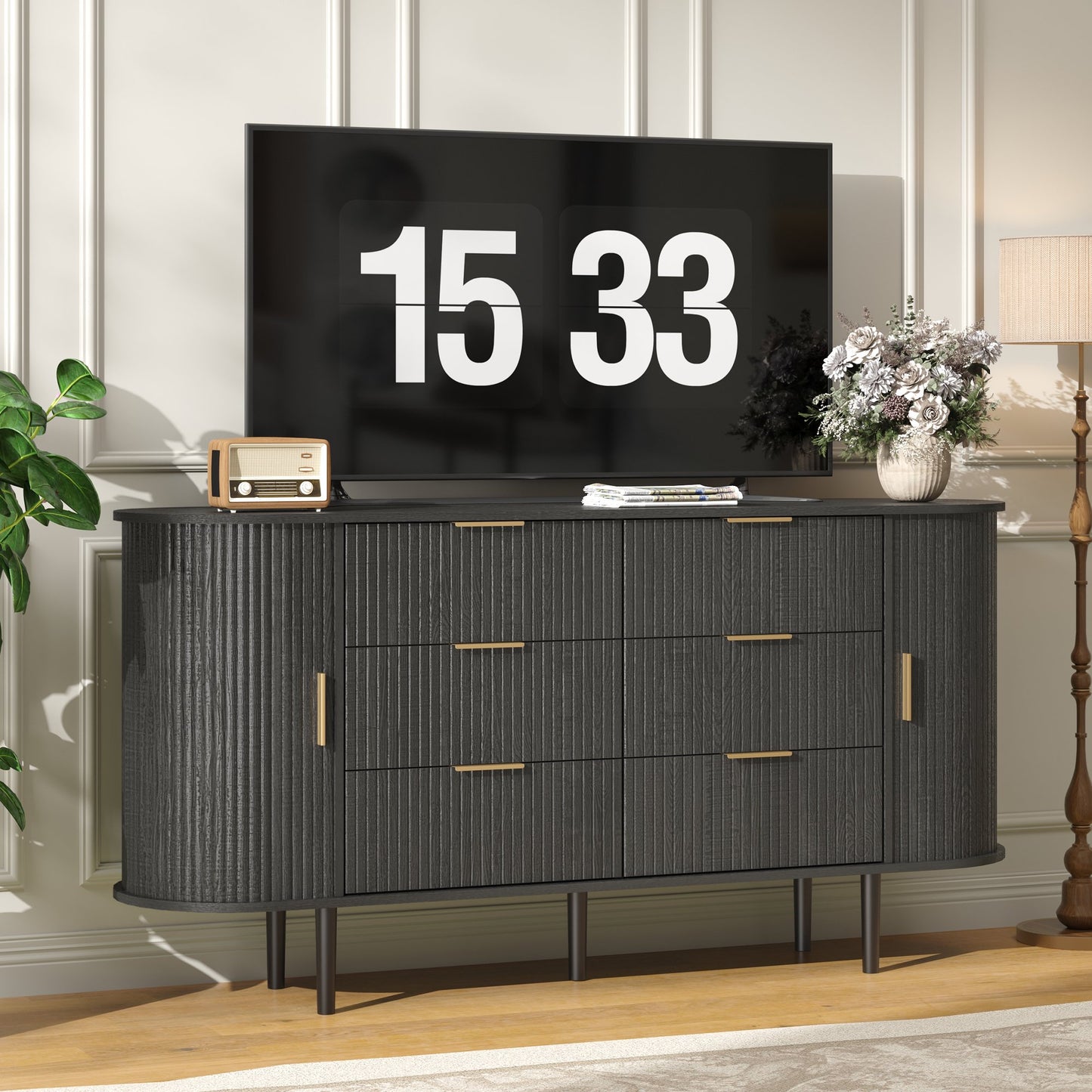ASTUVIA Fluted 6 Drawers Dresser, 63'' Wide Modern Chest of Drawers with Sideboard,Curved Profile & Sturdy Legs, Dresser TV Stand for Bedroom, Living Room