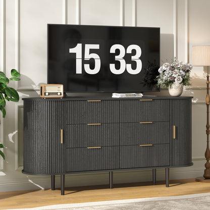 ASTUVIA Fluted 6 Drawers Dresser, 63'' Wide Modern Chest of Drawers with Sideboard,Curved Profile & Sturdy Legs, Dresser TV Stand for Bedroom, Living Room