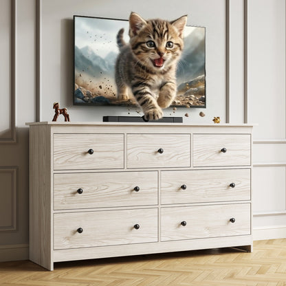 ASTUVIA 7 Drawer White Dresser for Bedroom - Wide TV Stand with Anti-Tip Metal Rails