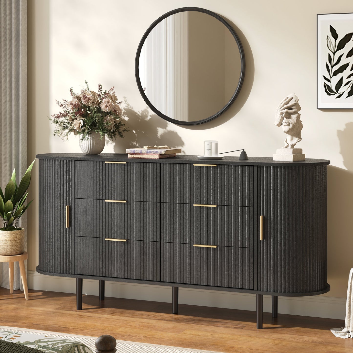 ASTUVIA Fluted 6 Drawers Dresser, 63'' Wide Modern Chest of Drawers with Sideboard,Curved Profile & Sturdy Legs, Dresser TV Stand for Bedroom, Living Room