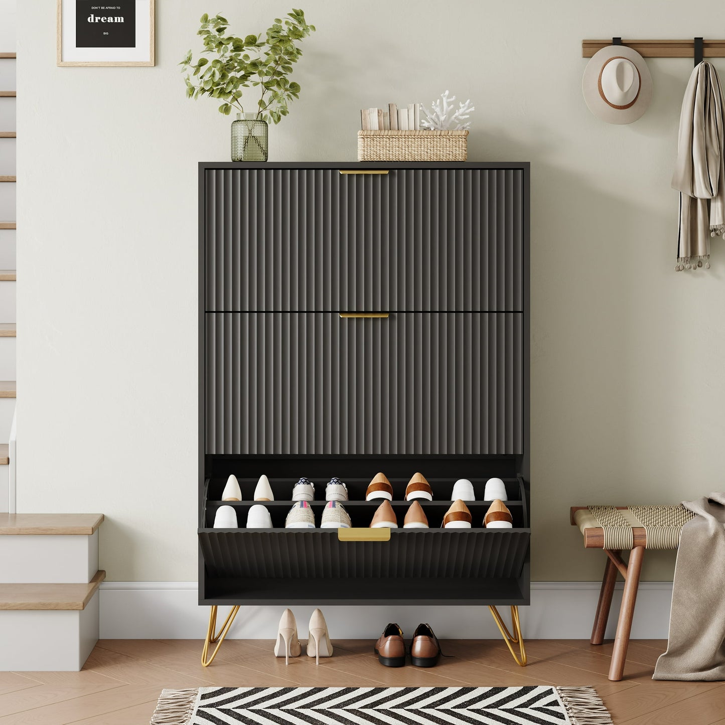 YouTrend Shoe Cabinet with 3 Flip Drawer,Fluted Wood Shoe Rack Storage Cabinet for Entryway