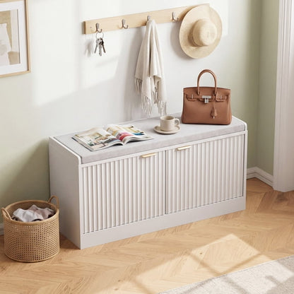 ASTUVIA Fluted Shoe Bench with Cushion, 2-Tier Shoe Storage Bench with Adjustable Shelves, Shoe Cabinet with Bench for Hallway