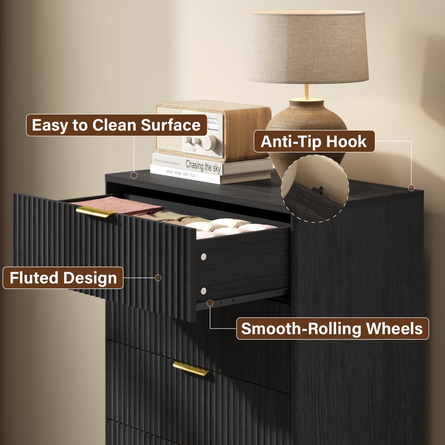 YouTrend 5 Drawer Dresser for Bedroom,Tall Dresser with Metal Handle,Fluted Dresser Modern Storage Cabinet for Home Office Living Room,White