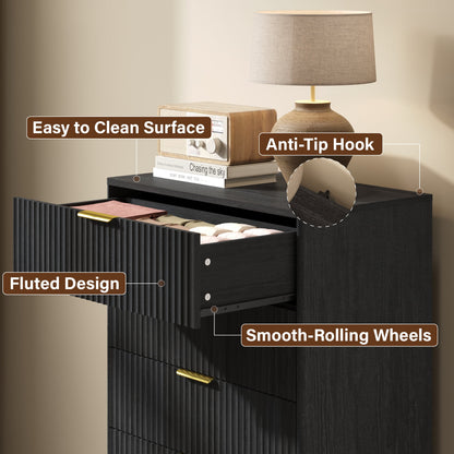 YouTrend 5 Drawer Dresser for Bedroom,Tall Dresser with Metal Handle,Fluted Dresser Modern Storage Cabinet for Home Office Living Room,White