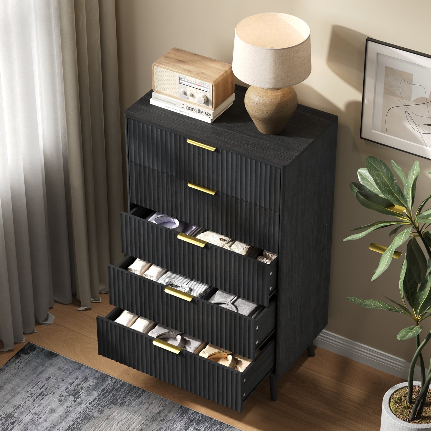 YouTrend 5 Drawer Dresser for Bedroom,Tall Dresser with Metal Handle,Fluted Dresser Modern Storage Cabinet for Home Office Living Room,White