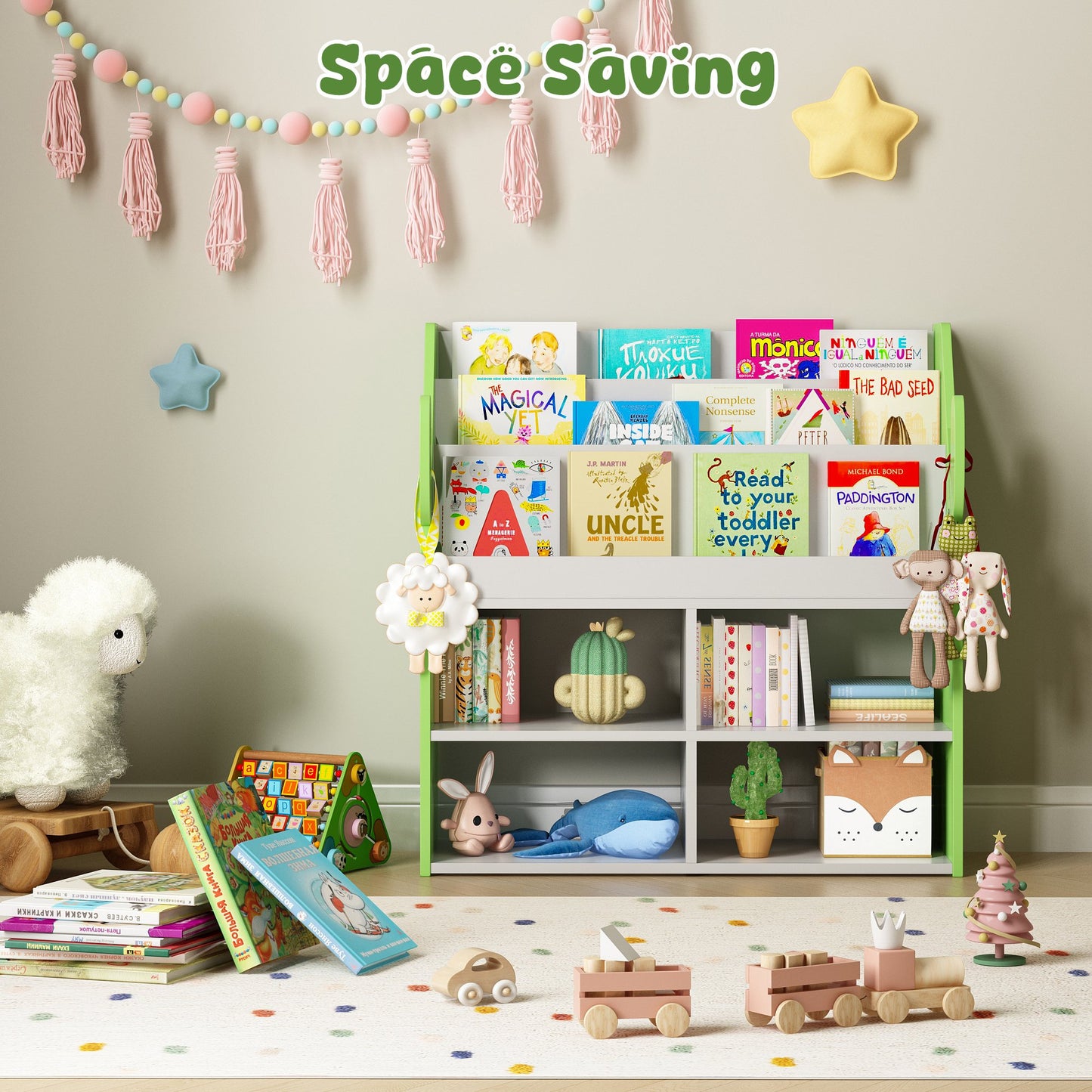 ASTUVIA 3 Tier Kids Bookshelf with Storage,Toy Storage Organizer with Cactus Appearance, Kids Bookcase and Bookshelf with 4 Storage, Green