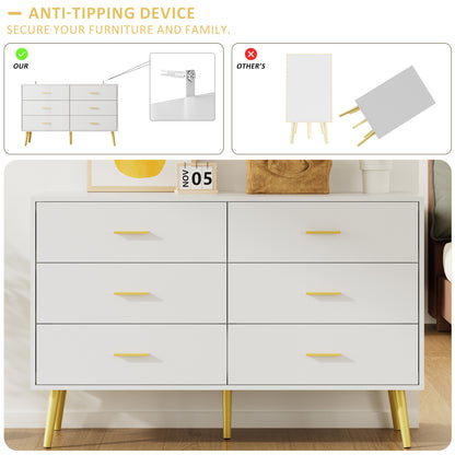 6 Drawer Double Dresser, Wood Storage Cabinet with Metal Handles for Living Room,Bedroom