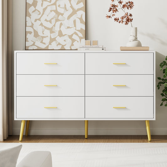 6 Drawer Double Dresser, Wood Storage Cabinet with Metal Handles for Living Room,Bedroom
