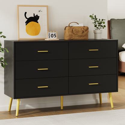 6 Drawer Double Dresser, Wood Storage Cabinet with Metal Handles for Living Room,Bedroom