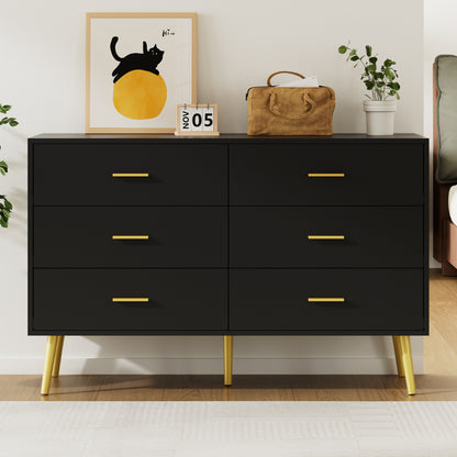6 Drawer Double Dresser, Wood Storage Cabinet with Metal Handles for Living Room,Bedroom