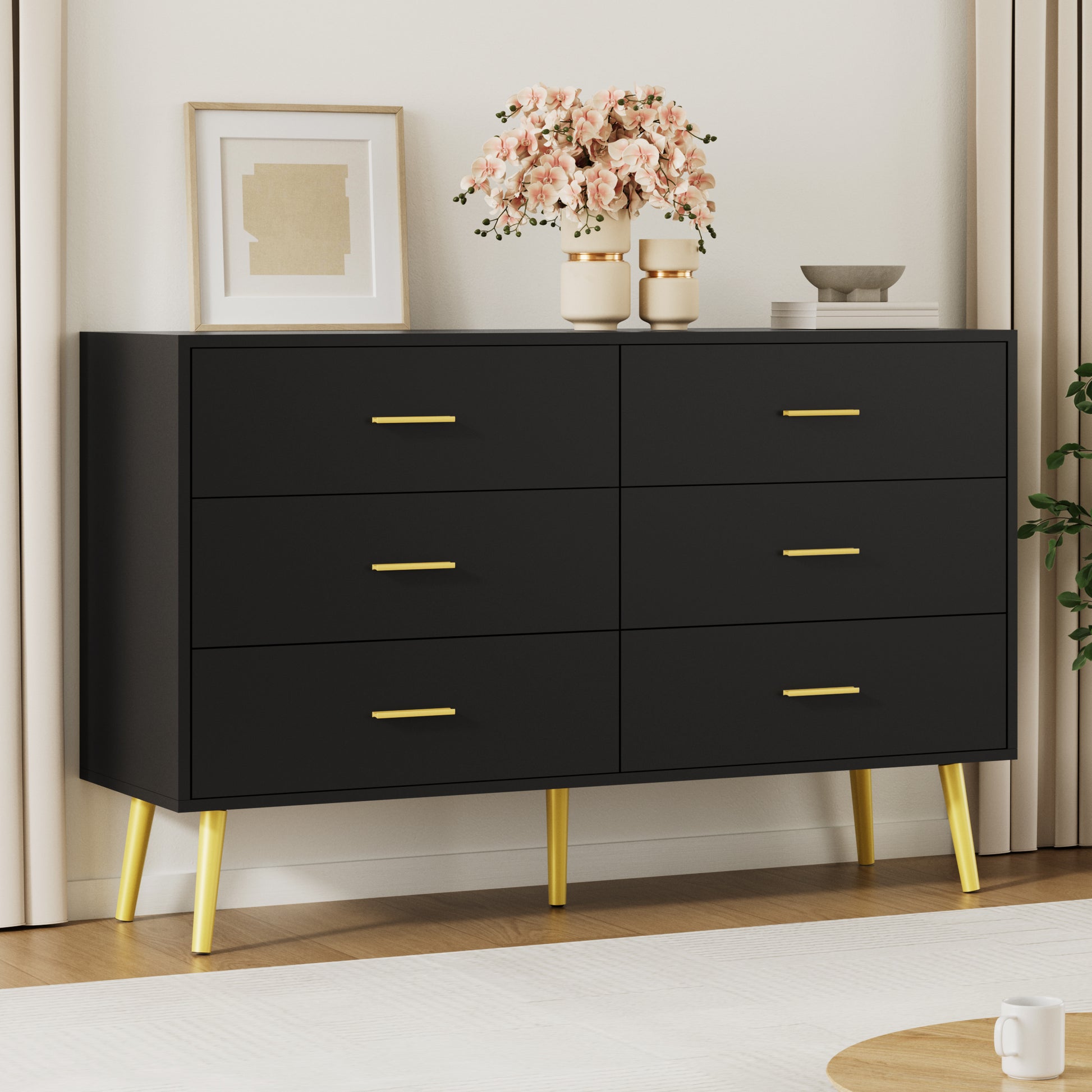 long black dresser 6 Drawer Double Dresser, Wood Storage Cabinet with Metal Handles for L – YouTrend