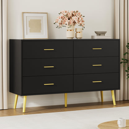 6 Drawer Double Dresser, Wood Storage Cabinet with Metal Handles for Living Room,Bedroom