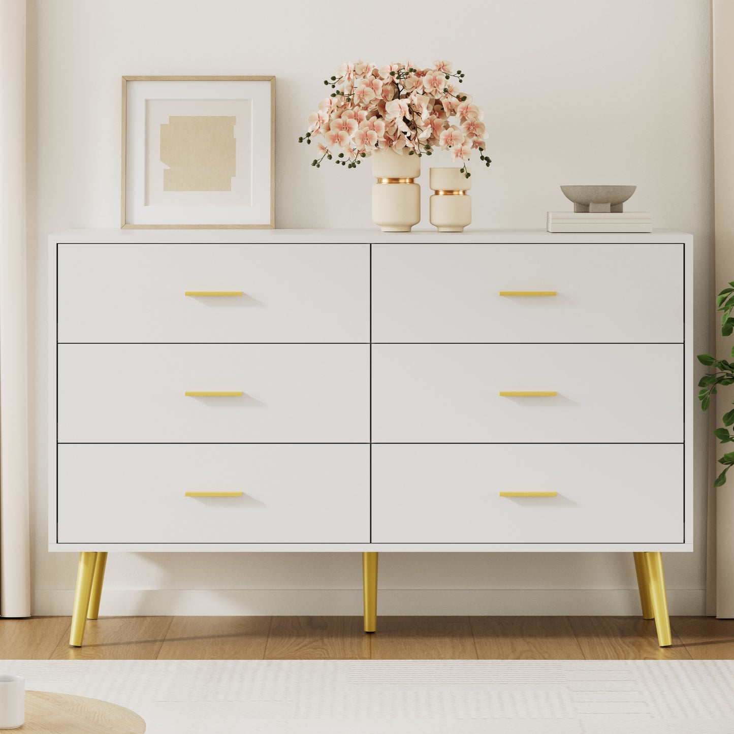6 Drawer Double Dresser, Wood Storage Cabinet with Metal Handles for Living Room,Bedroom