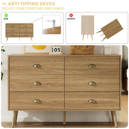 Mid-Century 6 Drawer Dresser with Shell-shape Handles,Wood Storage Cabinet for Living Room,Bedroom