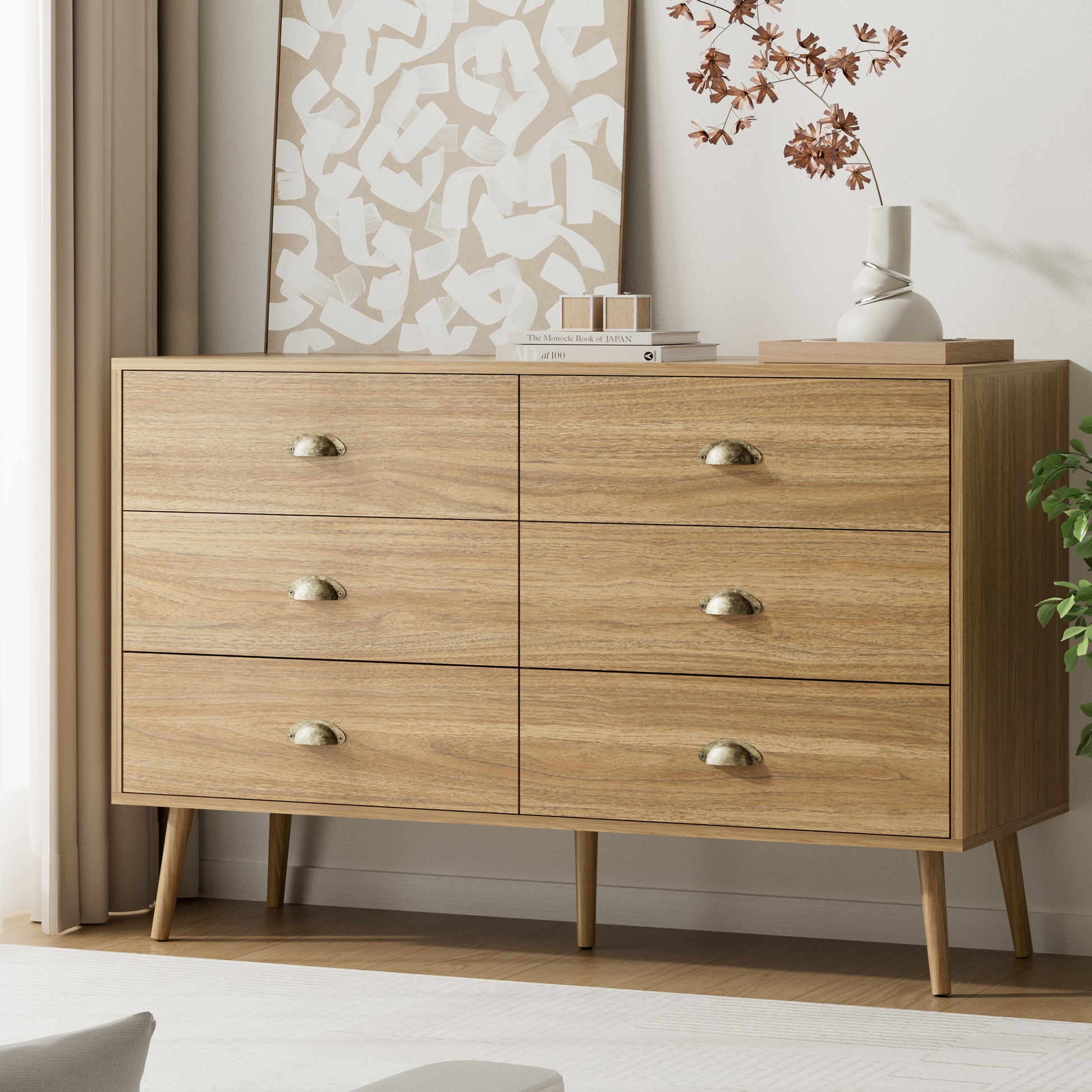 Mid-Century 6 Drawer Dresser with Shell-shape Handles,Wood Storage Cab – YouTrend Mid-Century 6 Drawer Dresser with Shell-shape Handles,Wood Storage Cab – YouTrend