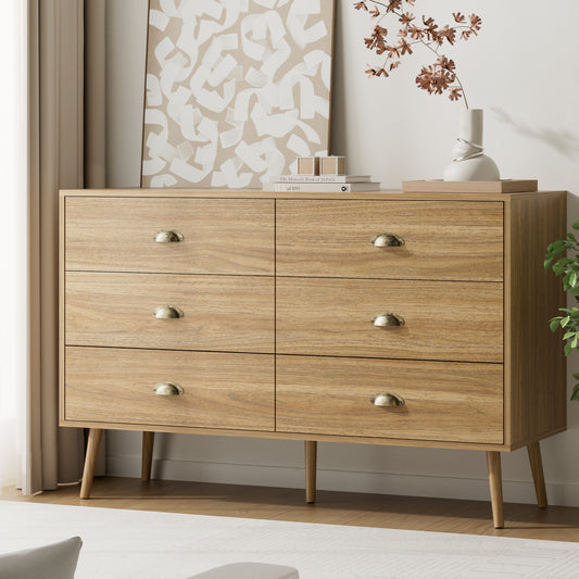 Mid-Century 6 Drawer Dresser with Shell-shape Handles,Wood Storage Cabinet for Living Room,Bedroom