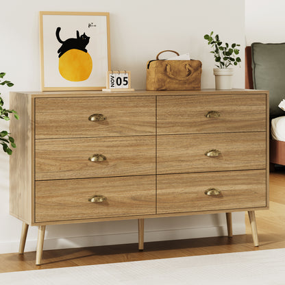 Mid-Century 6 Drawer Dresser with Shell-shape Handles,Wood Storage Cabinet for Living Room,Bedroom