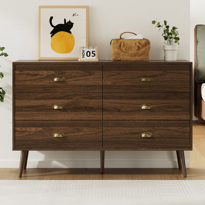 Mid-Century 6 Drawer Dresser with Shell-shape Handles,Wood Storage Cabinet for Living Room,Bedroom