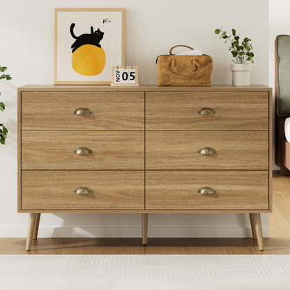 Mid-Century 6 Drawer Dresser with Shell-shape Handles,Wood Storage Cabinet for Living Room,Bedroom